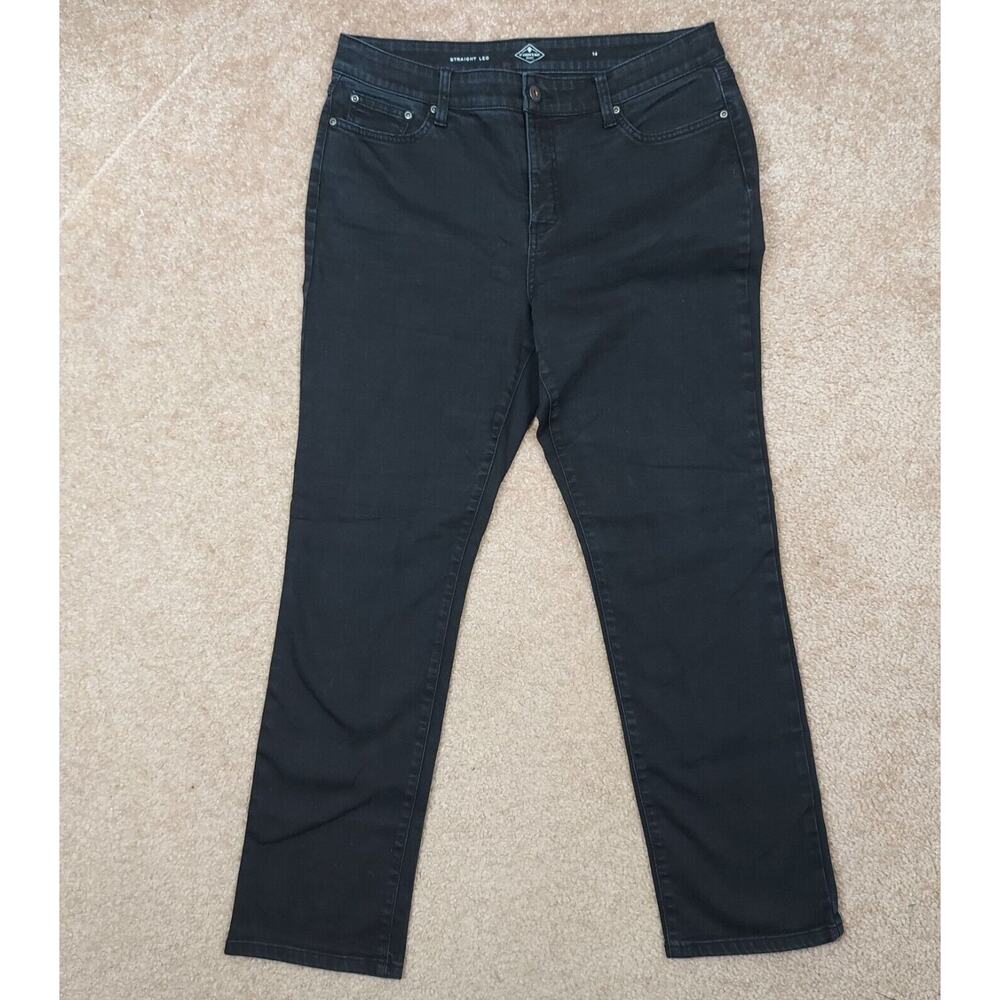 St Johns Bay Women's Size 14 Black Straight Leg Jeans, Mid-Rise Stretch Comfort